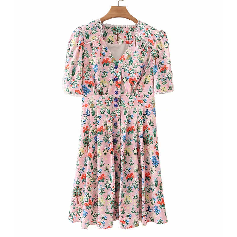 

YENKYE Multicolor Floral Print Sweet Party Dress Women V Neck Short Sleeve A-line Mini Summer Vestido