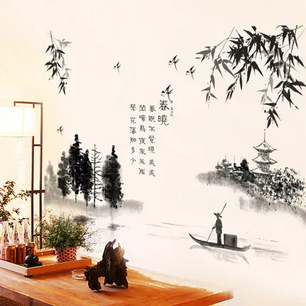 

New Chinese Style Bamboo Wall Stickers Lotus Flower Landscape Painting Living Room Home Decoration Wall Decal Vintage Poster