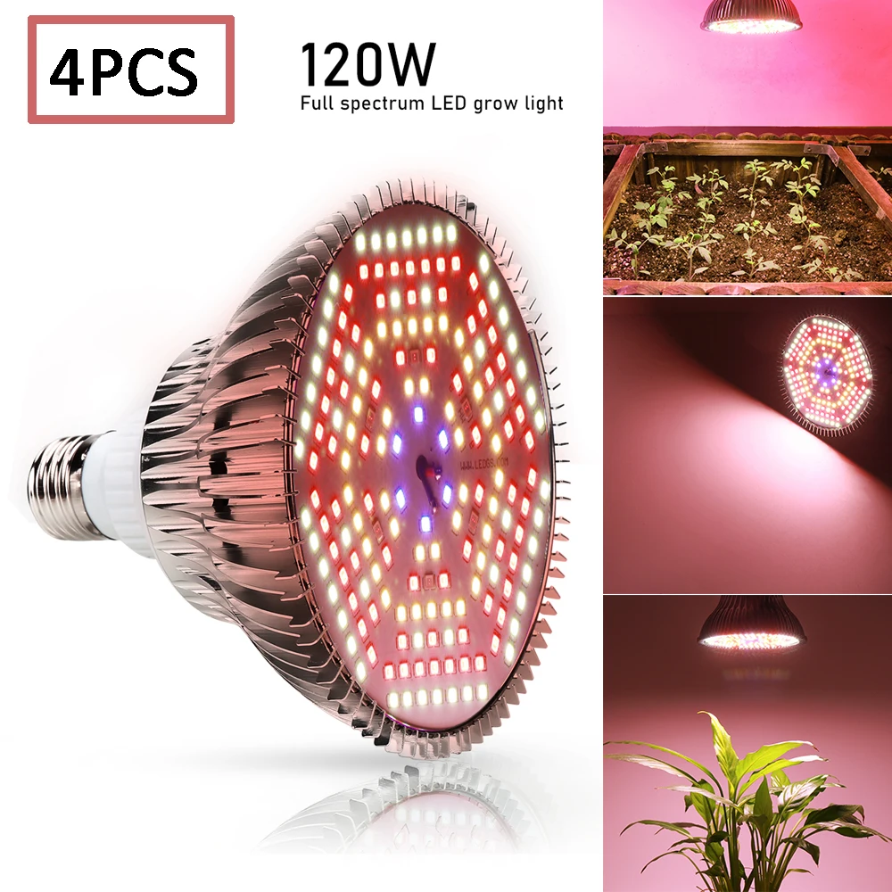 

4 шт./лот E27 120 Вт 180 шт SMD полный спектр LED Grow Light для комнатных садовых теплиц растений Гидропоника Цветущая растущая лампа