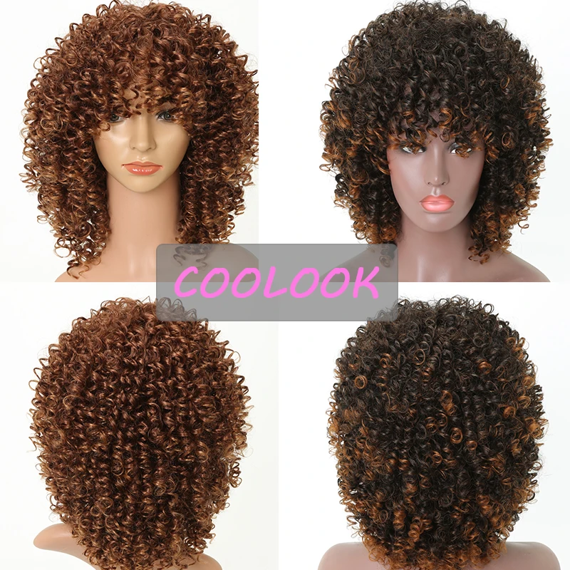 

16'' Afro Kinky Curly Wigs for Women African American Ombre Short Bob Wig with Bangs Heat Resistant Fibre Cosplay Afro Curls Wig