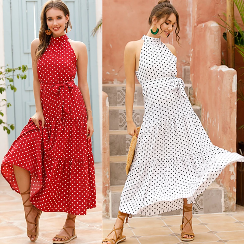 

Summer Long Dress Polka Dot Casual Sexy Dresses Halter Strapless Hanging Neck 2020 Sundress Beach Vacation Clothes For Women