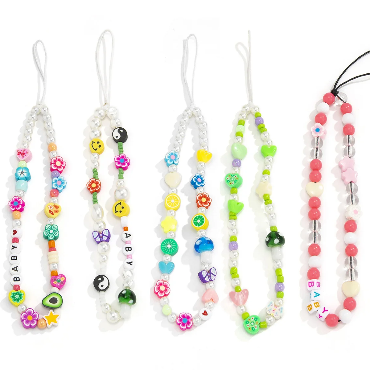 

New Summer Colorful Soft Clay Mobile Phone Chain Lanyards for Women Girls Bohemia Smile Pearl Rope for Phone Case Hanging Cord