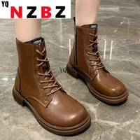 2021 autumn new platform lace up pu leather womens ankle boots round head fashion zipper square heel womens casual short boots