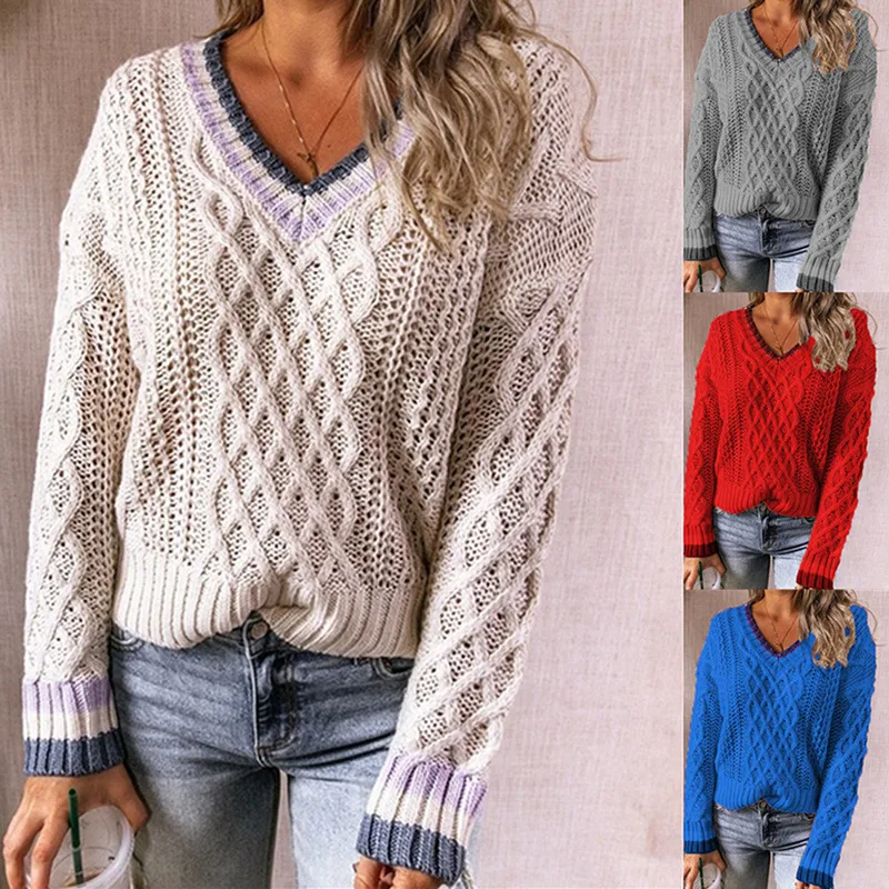 

Autumn Winter Sweater Women Pullover Casual Multicolor Stitched Twist V-neck Knitted Sweaters Long Sleeve Pullover Sweater