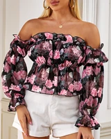spring women floral print off shoulder ruffles blouse 2022 new femme casual long sleeve pink top office ladies outfits tunic