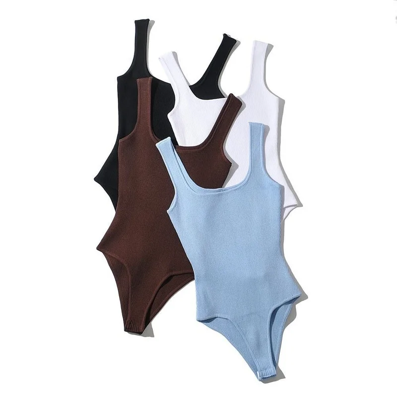 

Bodysuit Women Sexy Knitted Sleevelss Backless Bodysuits Black White Tops Body Combinaison Femme Mujer One Piece Jumpsuit 2021