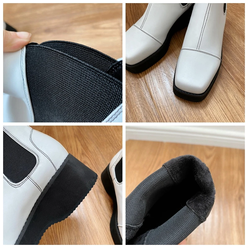 

SIMLOVEYO 2021 Ladies Ankle Boots Platforms Slip On Square Toe Patchwork Elastic Cloth Thick Sole Block Heel Black White A4533