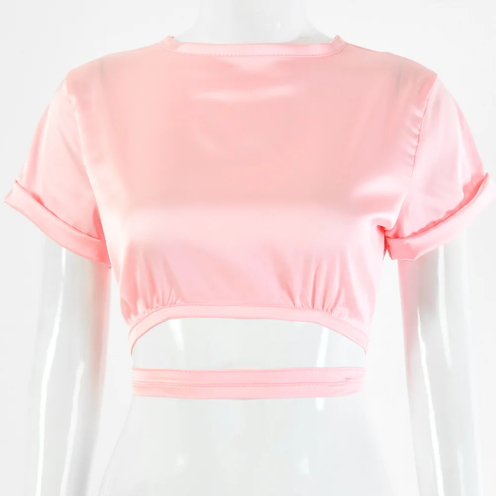 

Women Fashion Sexy Backless Lace Short Sleeve T Shirt O Neck Solid Color Women T Shirt