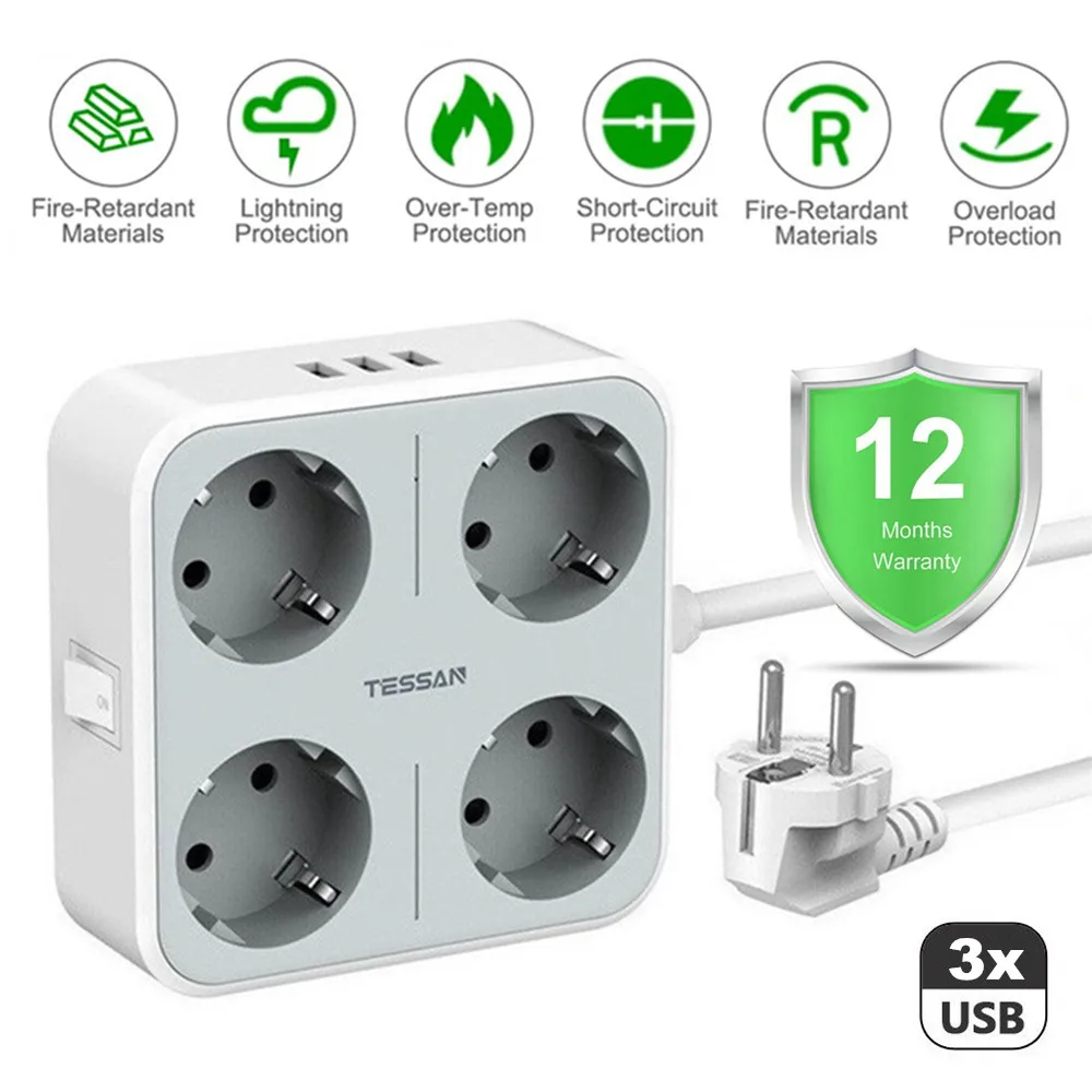 

TESSAN Desktop Multi-plug + 3 USB and 4 Outlets with on/off and 1.5M Extension Cord EU Plug USB USB Phone Charger for home