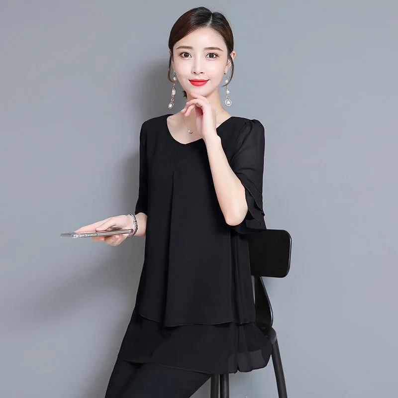 Женская шифоновая блузка многослойная длинная летняя с круглым вырезом и