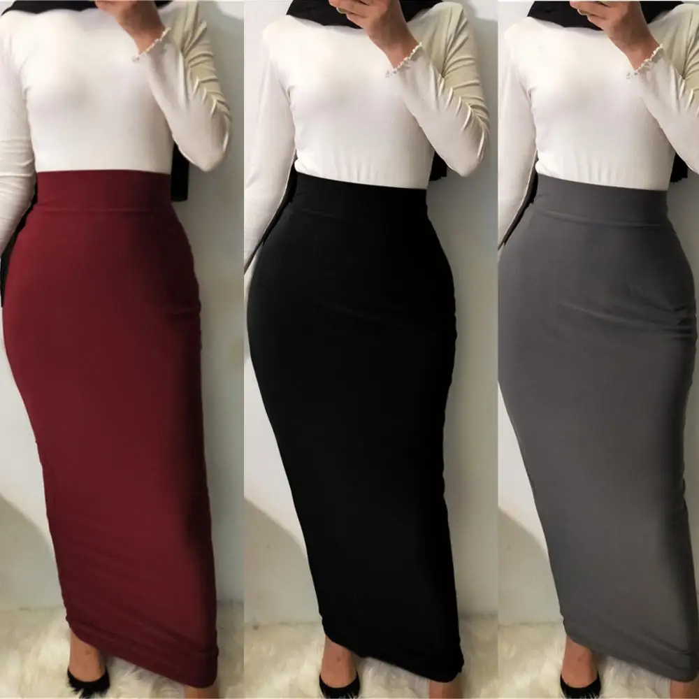 

Pencil Maxi Modal Women Muslim Islamic Clothing Stretchy Long Bodycon Skirt Fitted Arab Turkey American Chic Modesty Solid Color