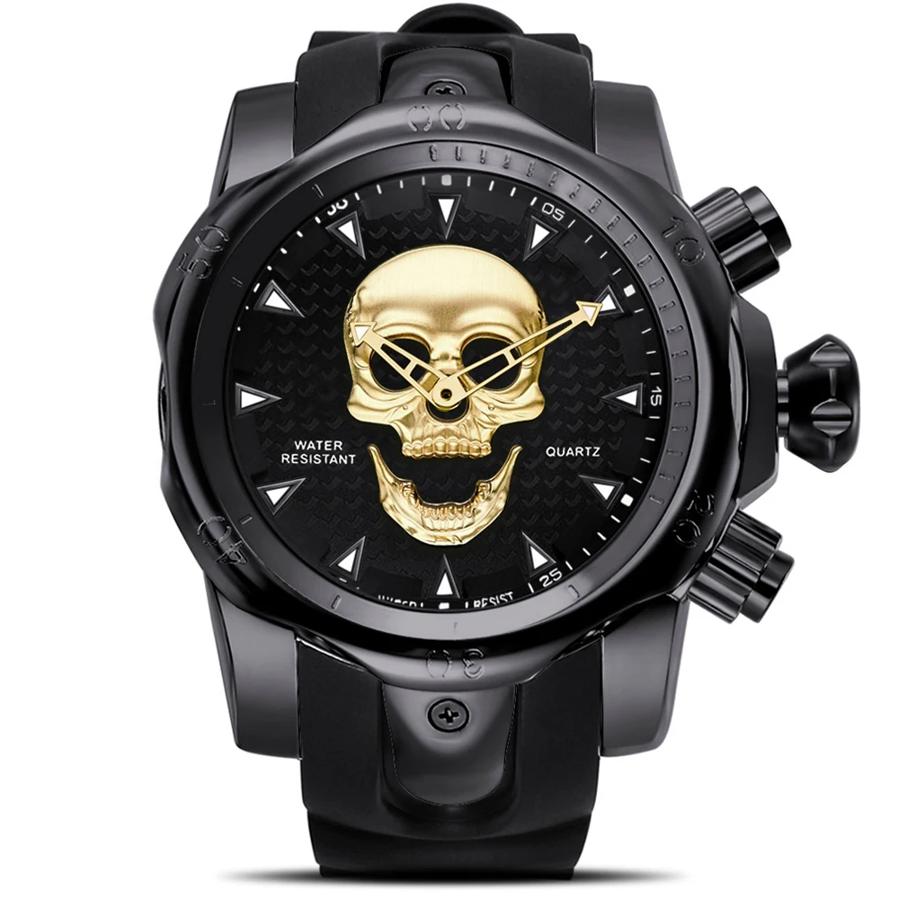 

Steampunk Big Dial Skull Watch Men 3D Rotating Sport Silicone Strap Gold Black for Man Fashion Clock Gift relogio masculino
