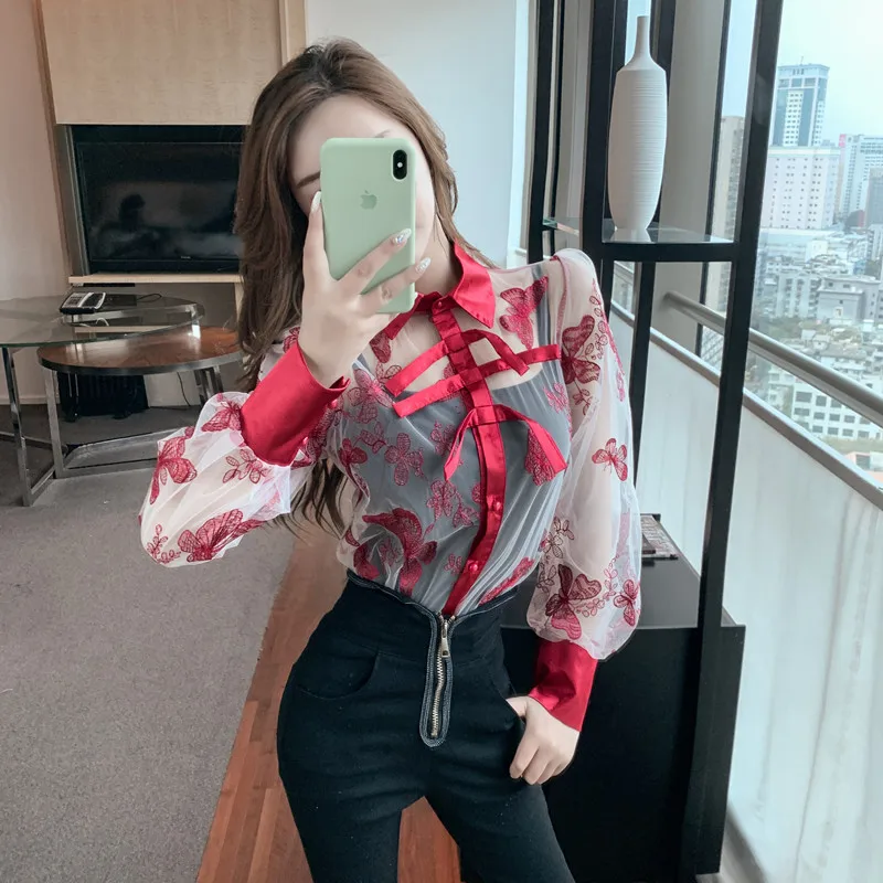 

Transparent Women's Shirts Sexy Embroidery Butterfly Shirts Lady Lace Tops