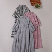 japanese mori womens double layer cotton yarn dress half sleeve loose waist plaid midi dress