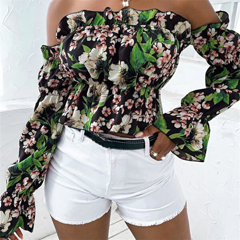 

Thorn Tree Long Sleeve Off Shoulder Floral Print Ruffles Short Shirts Tops Fall 2021 New Fashion Casual Beach Style Sexy Blouses