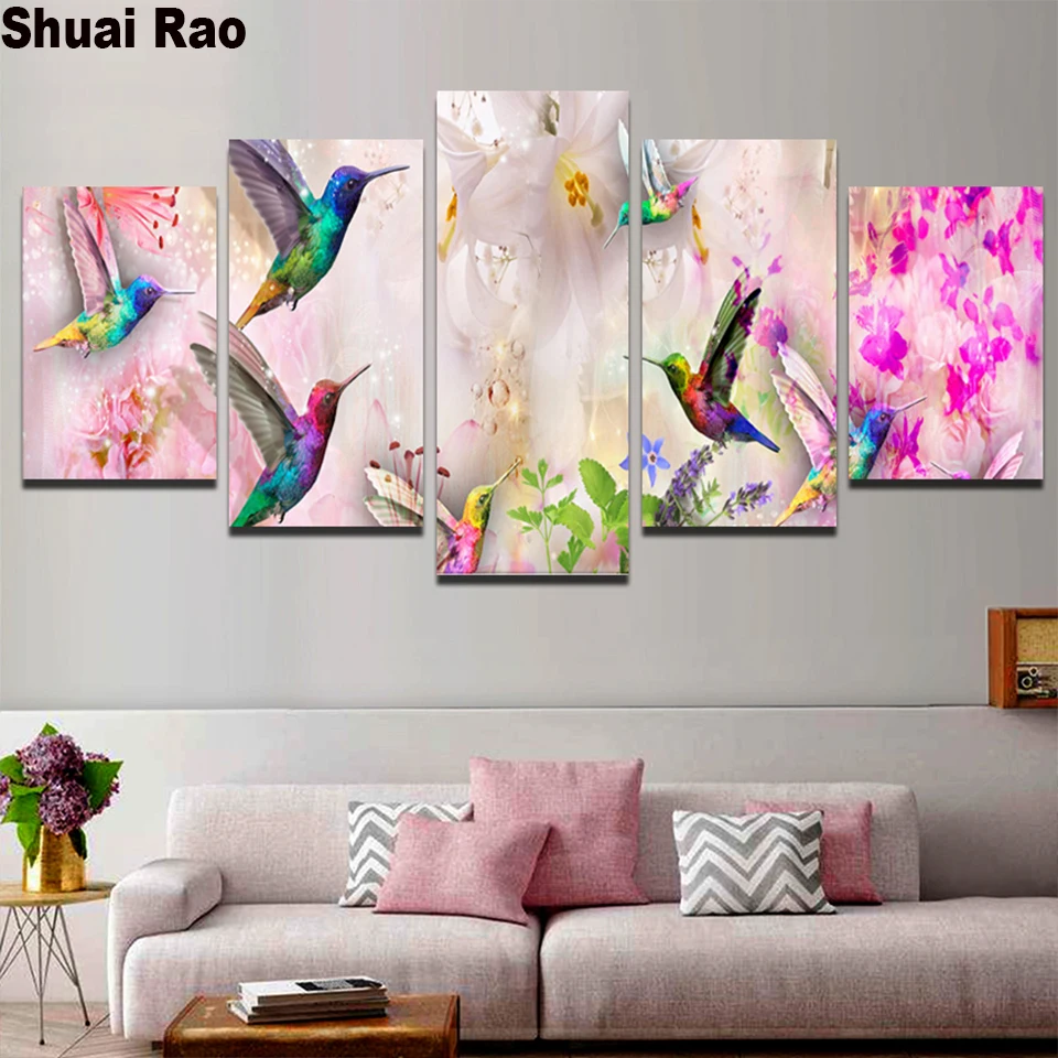 

Multi-Picture Hummingbird Flower Diamond Painting Cross Stitch,Mosaic Diamond Embroidery Sale Five-Piece Living Room Wall Art