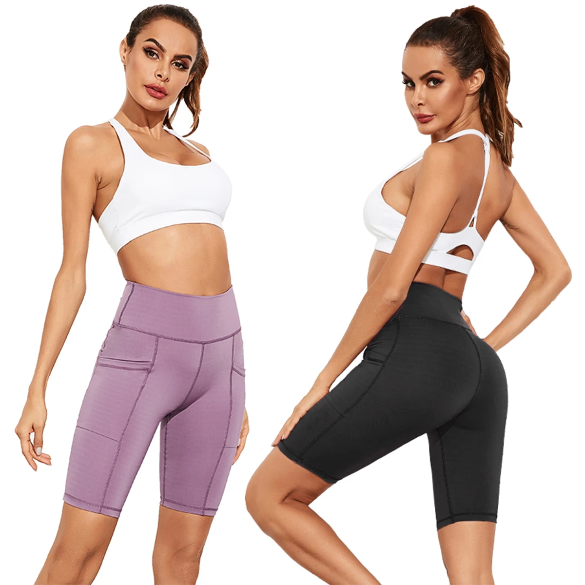 

Hot Sale Womens Yoga Shorts High Waist Tummy Control Workout Running Shorts with Side Pockets