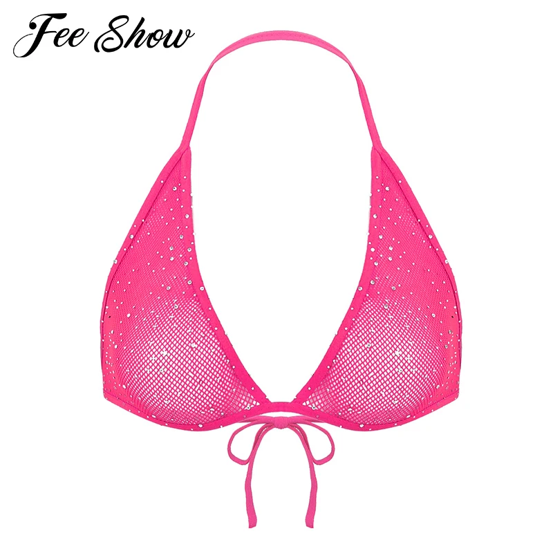 

Womens Sparkle Rhinestones Halter Neck Backless Hollow Out Fishnet Triangle Bra Tops Sheer Bralette Underwear Sexy Lingerie