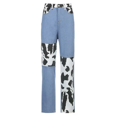 

Jeans autumn high waist female stitched cow pattern casual straight trousers 2021 women jeans