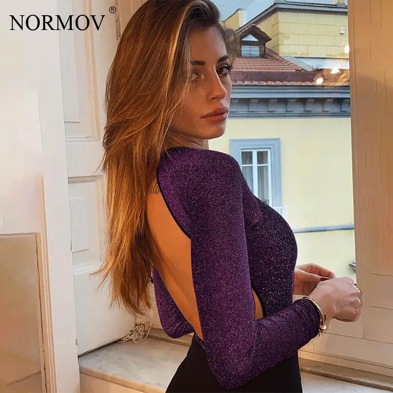 Пикантный боди NORMOV комбинезон с открытой спиной фиолетовый однотонный длинным