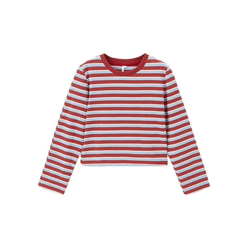 

INMAN Women's T-shirt Simple Round Neck Drop Shoulder Sleeve Color Stripe Loose Long Sleeve