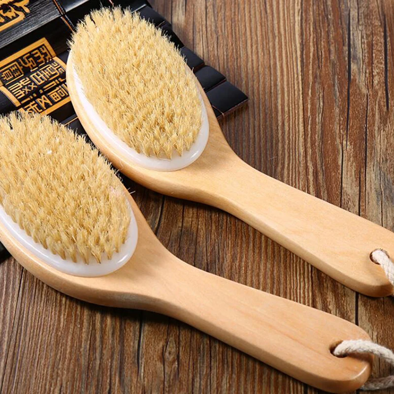 

Natural Bristle Middle Long Handle Wooden Scrub Skin Massage Shower Body Bath Brush Round Head Bath Brushes Bathroom Accessories