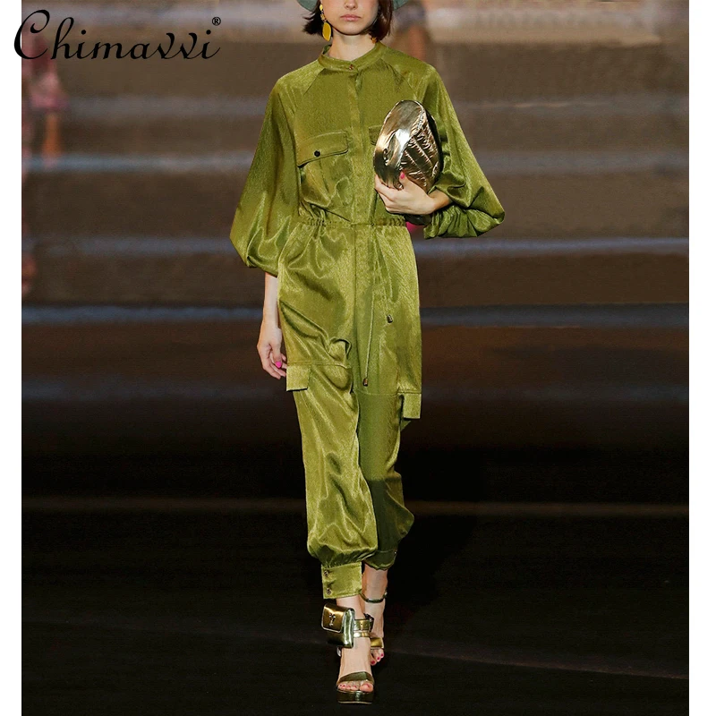 

Luxury Silk High Waist Jumpsuit Loose Lantern Sleeve High Waist Slimming Jumpsuit Women's 2021 Summer Temperament Rompers