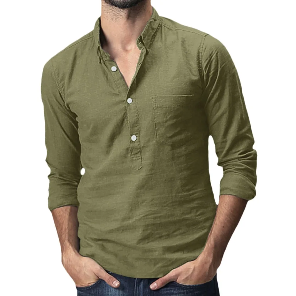 

Men's Baggy Cotton Linen Solid Pocket Long Sleeve Turn-down Collar Shirts Tops Hawaiian Loose Shirt Men Dress Camisa Masculina