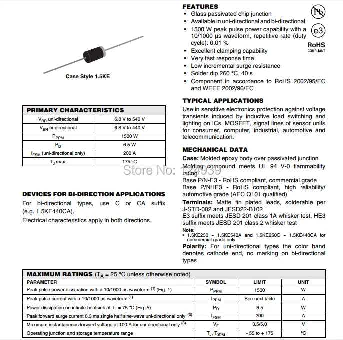 1000PCS 1.5KE 1.5KE39A 39V 1.5KE39CA 1.5KE39 Transient Voltage Suppressors TVS 1500W 1.5KW UNI AND BIDIRECTIONAL TYPES | Обустройство