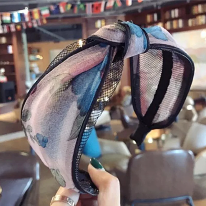 Цветочный принт сетки повязка на голову с бантом для женщин аксессуары волос