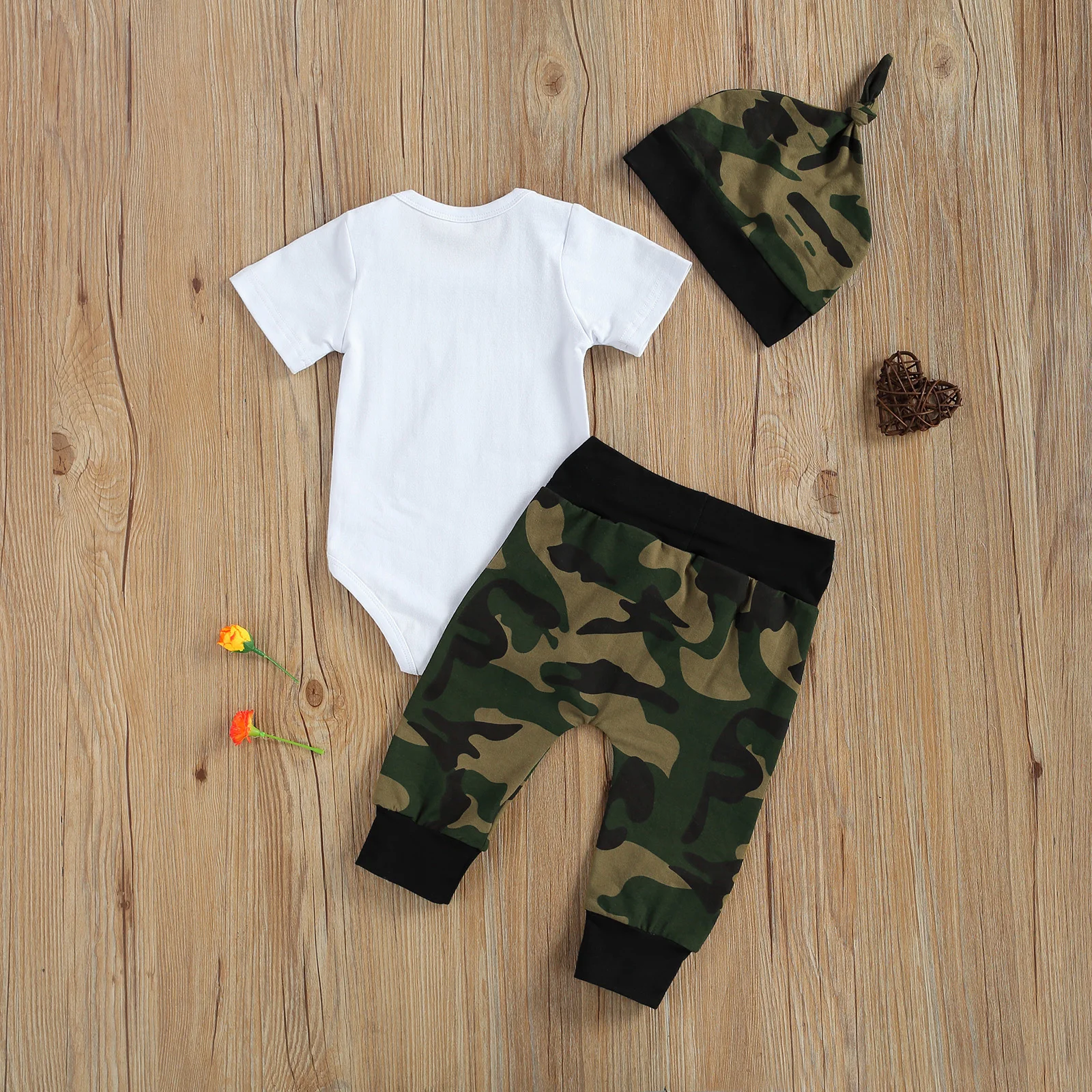 

3Pcs Newborn Casual Toddler Outfits Letter Print Short Sleeve O Neck Romper + Camouflage Pants with Drawstring + Cap 0-18M
