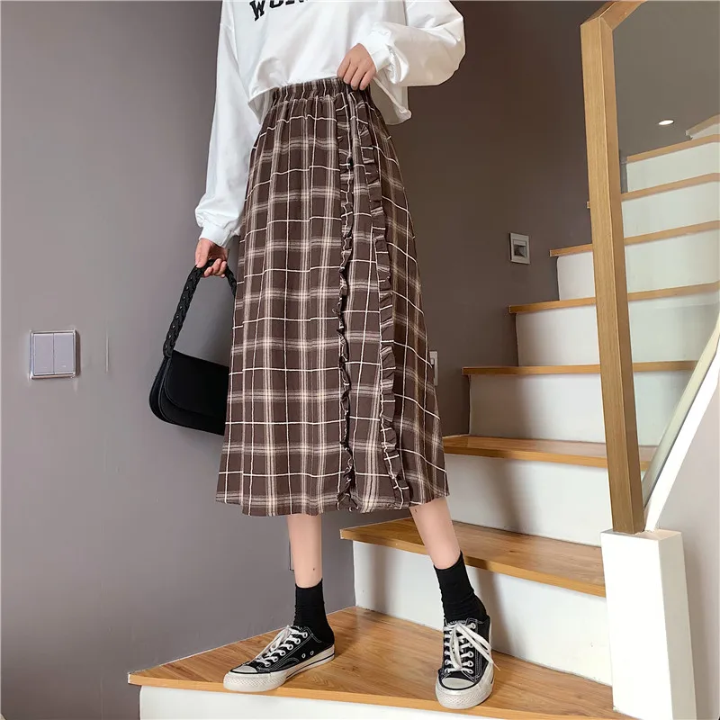 

POUNGDUDU 2021 Women Skirts Plaid Skirt Fungus Vintage Female High Waist Elastic Cute Sweet All Match Office Lady Lovely Retro
