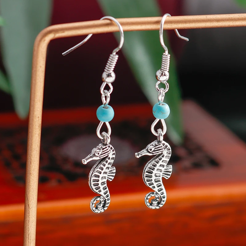 

Vintage Maxi Tibet Silver Color Natural Turquoise Stone Beads Animal Seahorse Drop Earrings for Women Jewelry Bohemian Bijoux