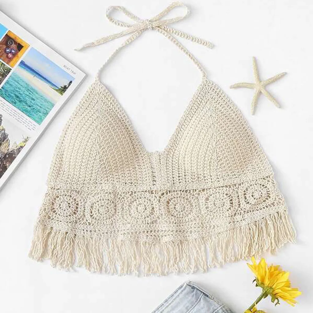 Кроп-Топ женский в стиле бохо пикантный вязаный Бралетт Пляжная майка бюстье