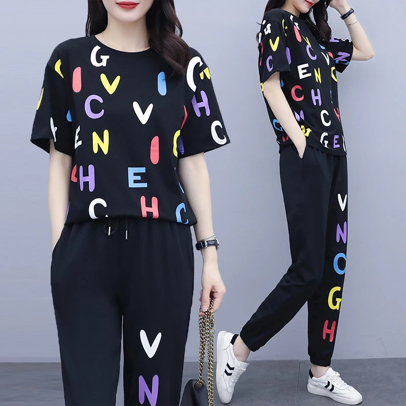 

4XL Plus Size Women Sport Suit Two Piece Set Summer 2021 Fashion Letter Print Short Sleeve Tops And Trousers 2 Piece Set Female