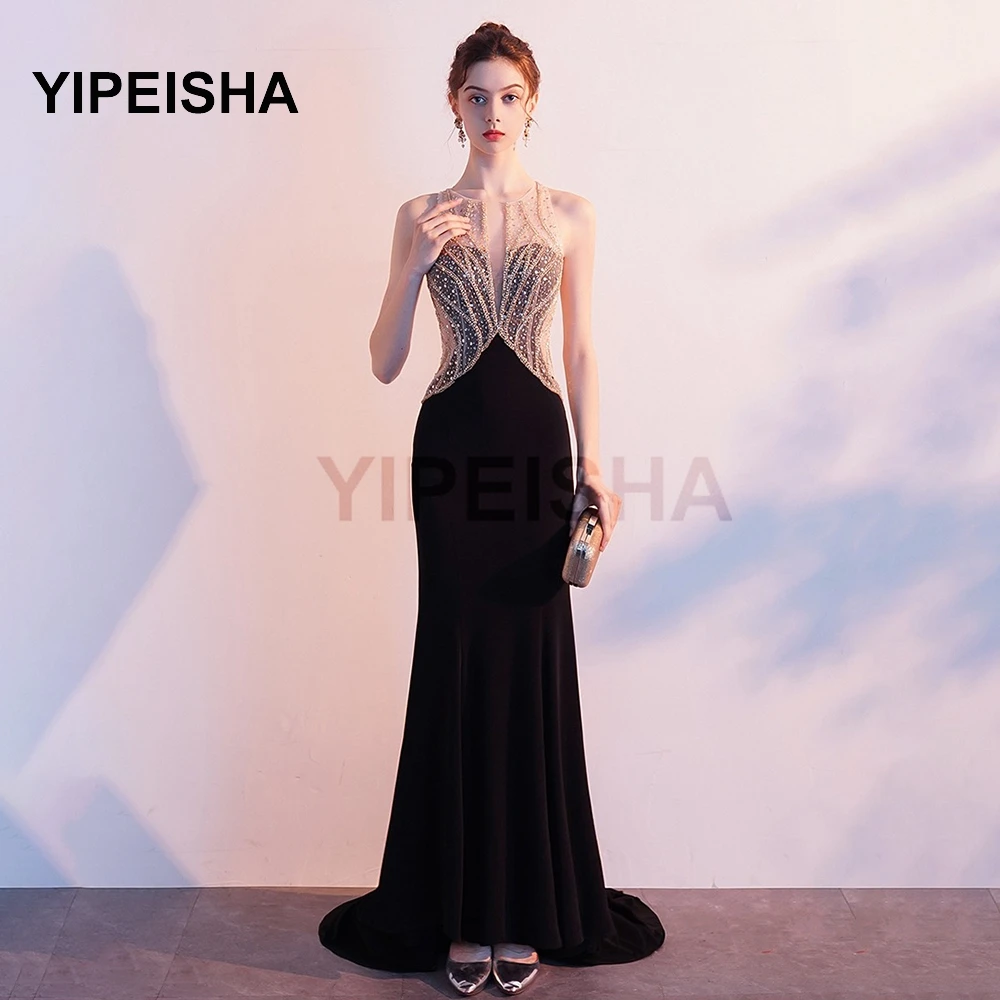 

2021 New Luxury Black Sexy Mermaid Evening Dresses Sleeveless Beaded Crystal Sparkle O Neck Prom Party Gown robes de soirée
