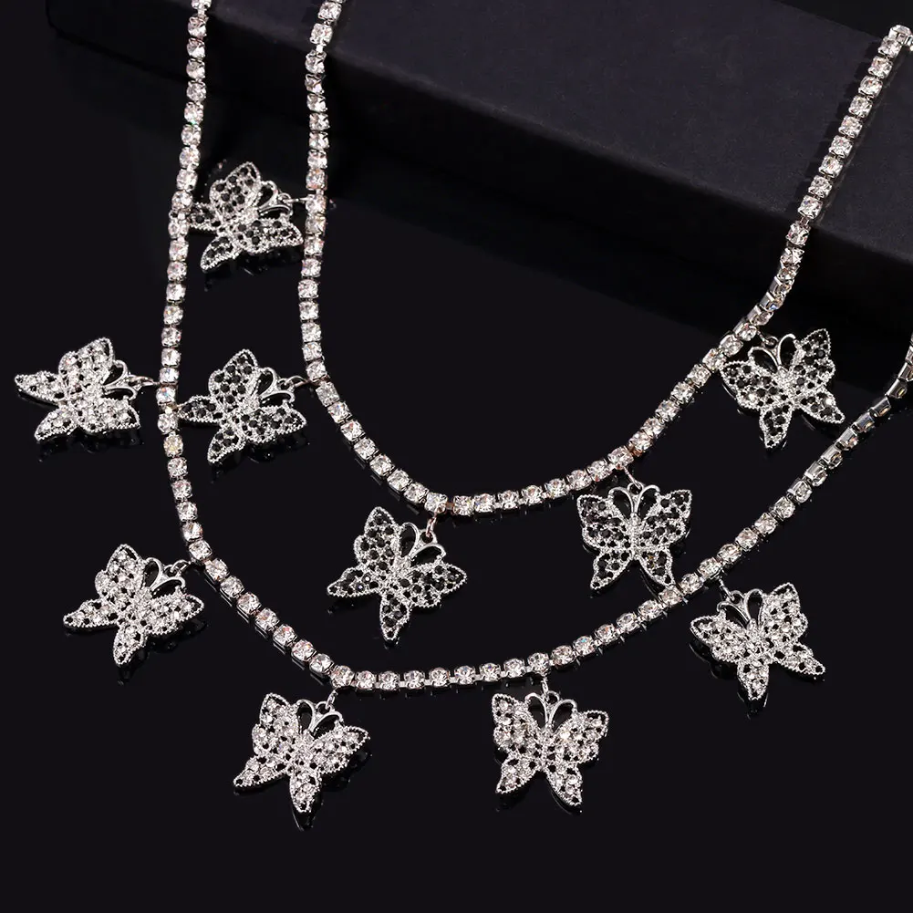 

Flatfoosie Bling Butterfly Crystal Tennis Chain Necklace Pendant For Women Iced Out Rhinestone Choker Necklace New Trend Jewelry