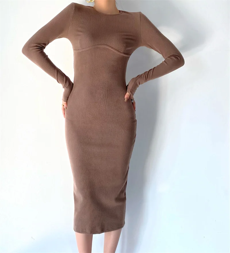 Spring and autumn solid color thin round neck and hip dress for women, thin elastic long sleeve sexy stitching dress for women (0)