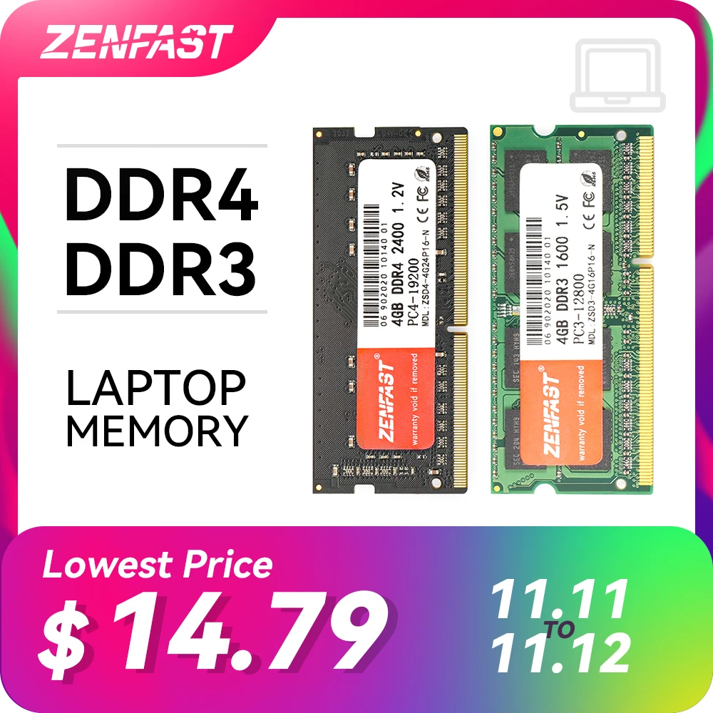 ZENFAST Laptop Ram DDR3 DDR4 4gb 8GB 16GB Laptop 1333 1600 2400 2666 2133MHz 204pin Sodimm Notebook Memory For Intel and AMD