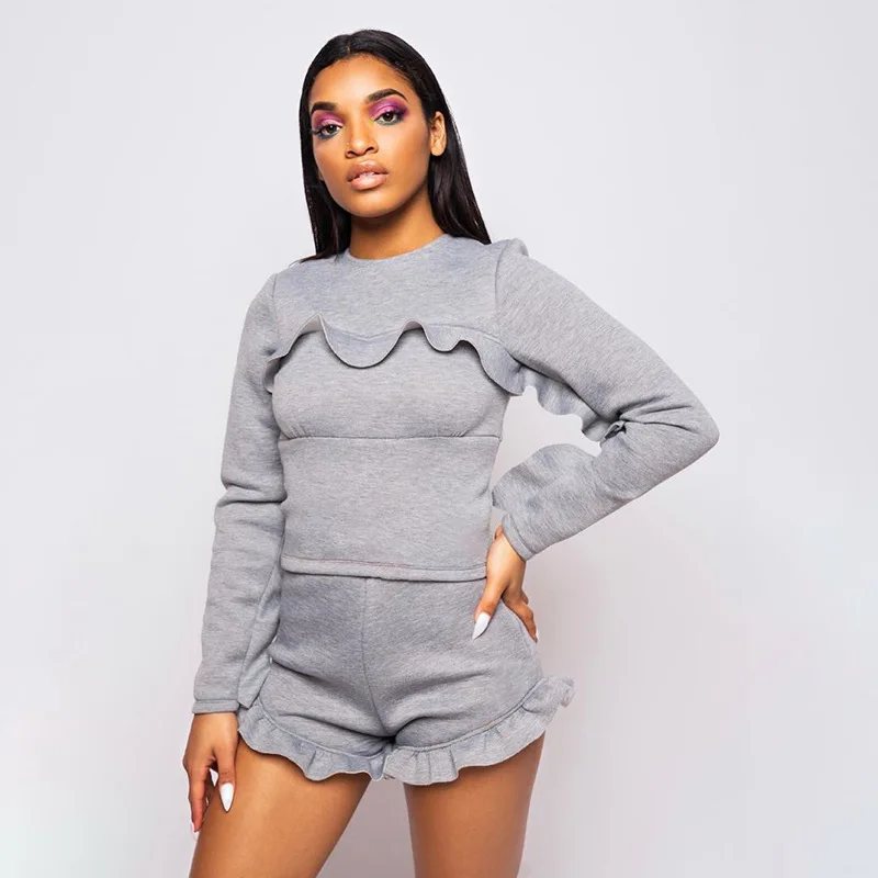 

2 Piece Ruffled Long Sleeve Crop Top with Shorts Sets for Women 2021 Fall Fashion Grey Casual Sport Outfits Dropshipping