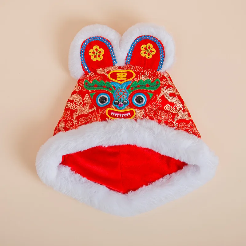 

2021 Chinese New Year Tiger Head Hats Children Newborn Baby Birthday Tang Suit Traditional Cotton Warm Embroidery Handmade Hat