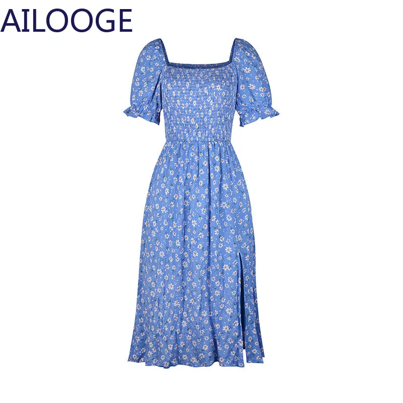 

Blue Floral Print Summer Dress Women Puff Long Party Dress Casual Boho Beach Robe Sleeve Square Collar Elegant Split Sexy Cotton