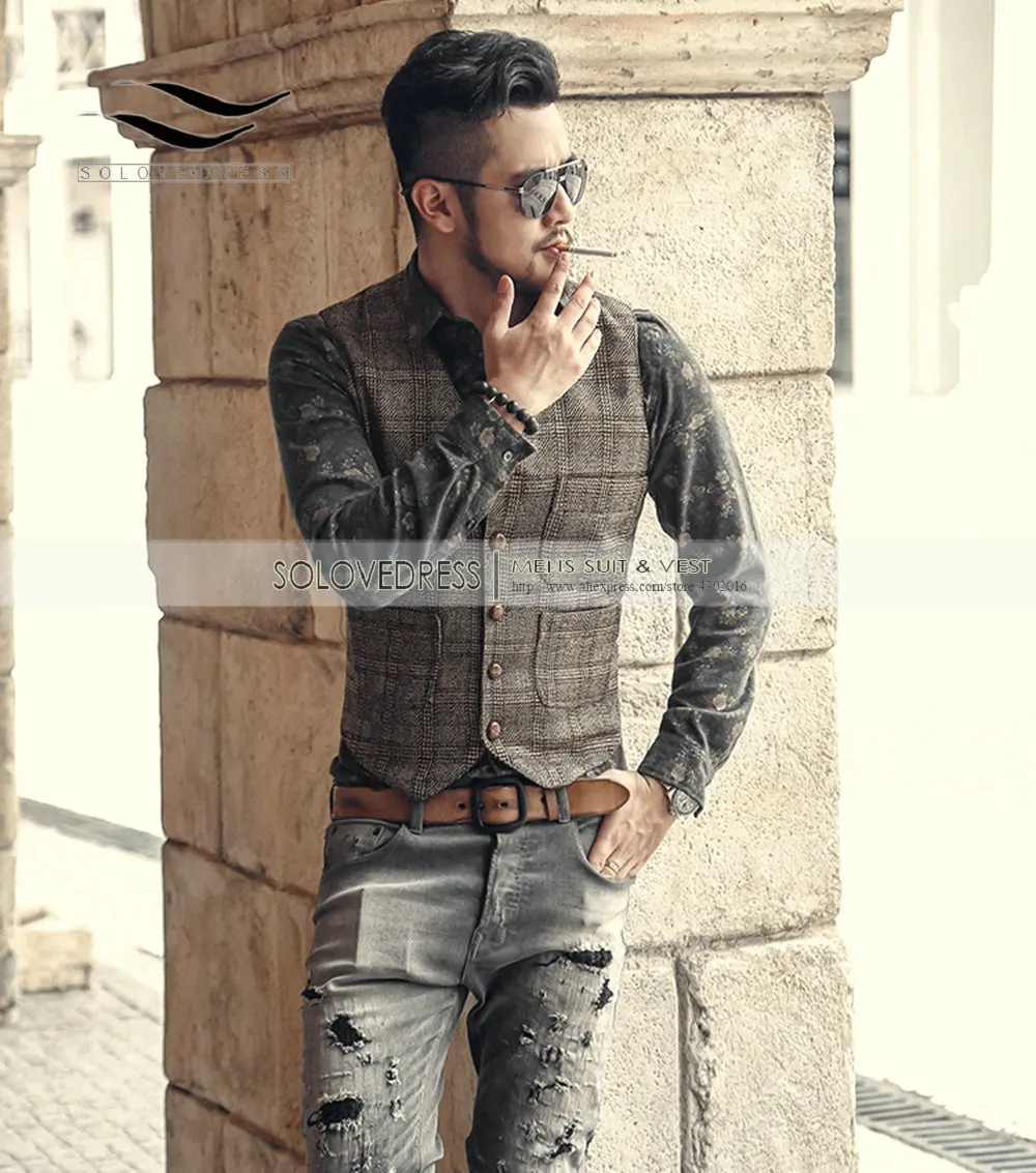 

Silver New Plaid Suit Vest For Men Wool Tweed Casual Slim Fit Waistcoat Formal Business Vest For Groomsmen ForWedding