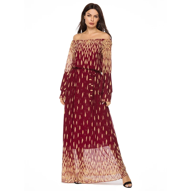 Baju Muslim Dubai Turki Satu Leher Sangkakala Lengan Dicetak Ayunan Besar Gaun Abaya Wanita Islam Indonesia Maroko Rok Panjang