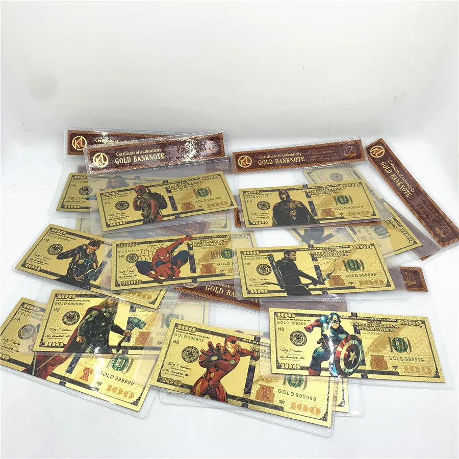 

Hot sale Hero serie 24k gold banknote Usa 100 dollar prop money super star souvenir plastic card for men gifts for fans