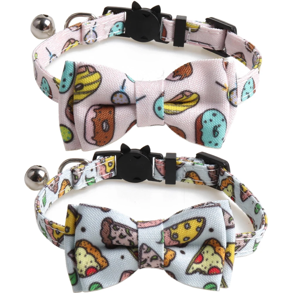 

Bowtie Cat Collars Breakaway with Bell Adjustable Cute Donut Patterns Kitty Collars Safety Buckle Kitten Collar for Cat Puppy