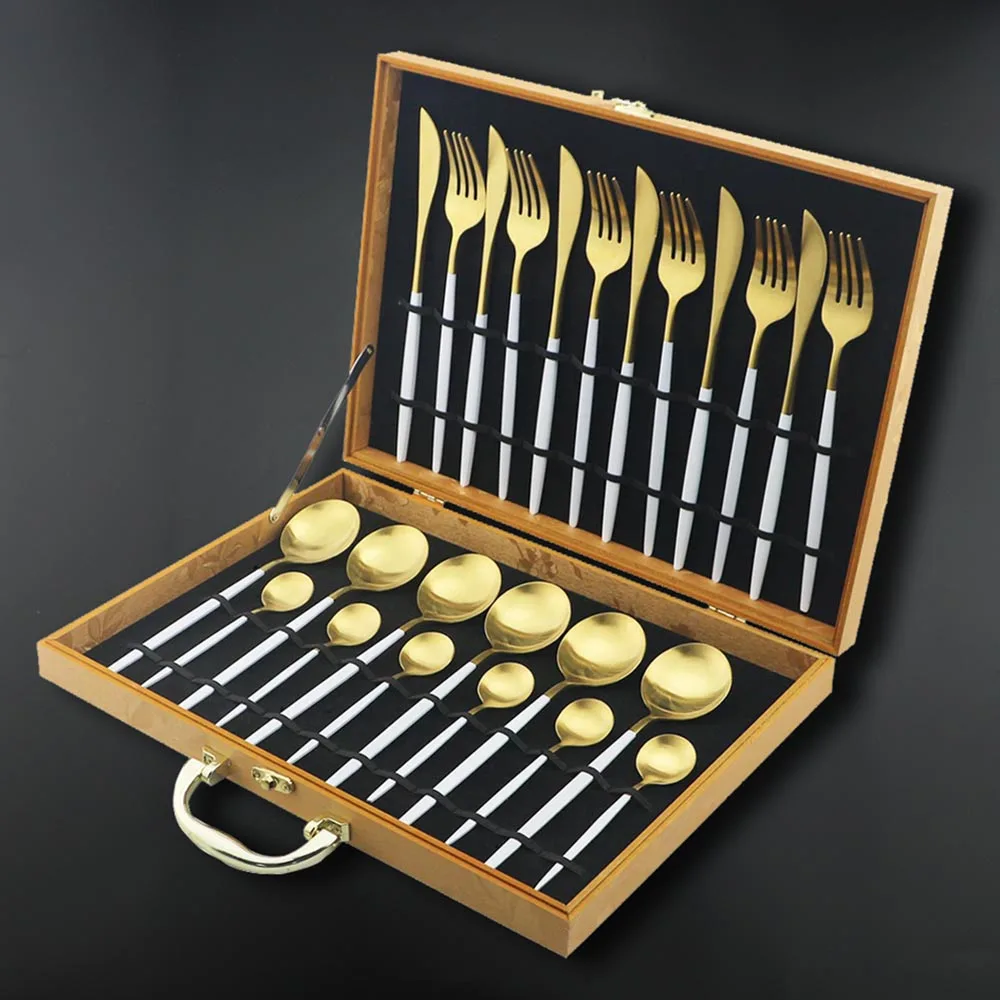 

Набор столовой посуды из 24 предметов, нож/вилка/ложка из нержавеющей стали 304 белого золота, матовые столовый набор для кухни Столовые прибо...