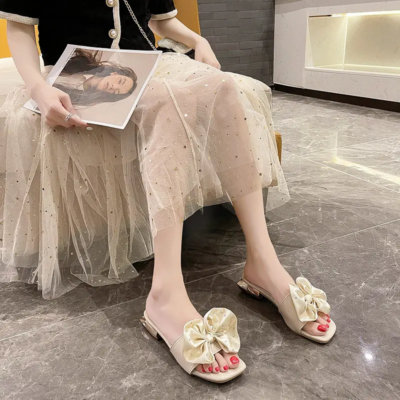 

Female Shoes Slippers Casual Square heel Slides Butterfly-Knot 2021 Luxury Summer Block Flat Basic Rubber PU Butterfly-knot