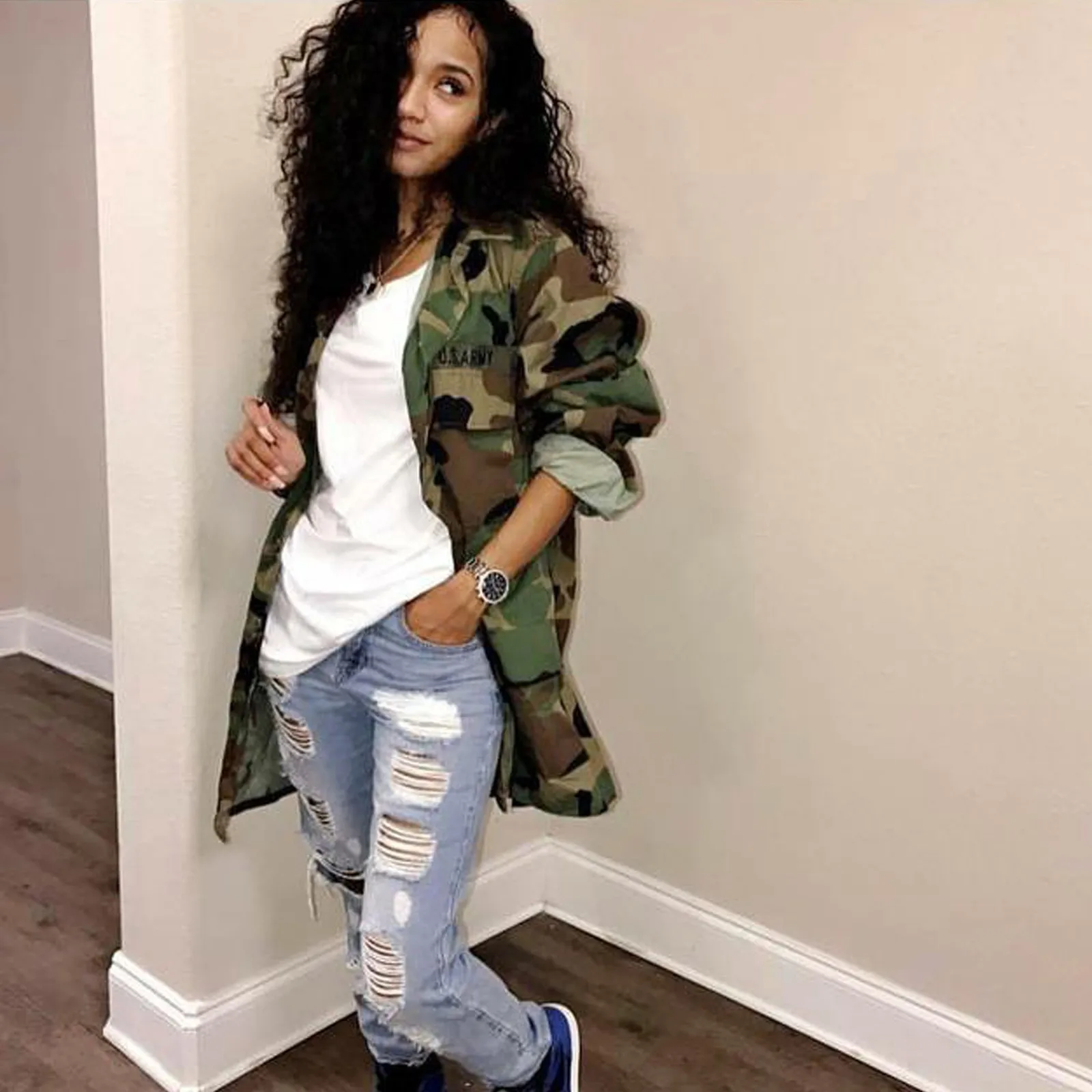 40 # новая камуфляжная женская куртка модная с отворотом Повседневная шерстяная