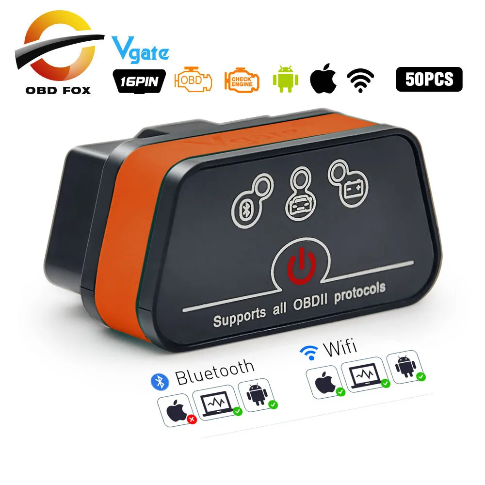 50 шт./лот Vgate ICAR2 bluetooth/WIFI для Android/IOS Torque OBD2 сканер ELM327 V2.1 поддержка протоколов OBDII